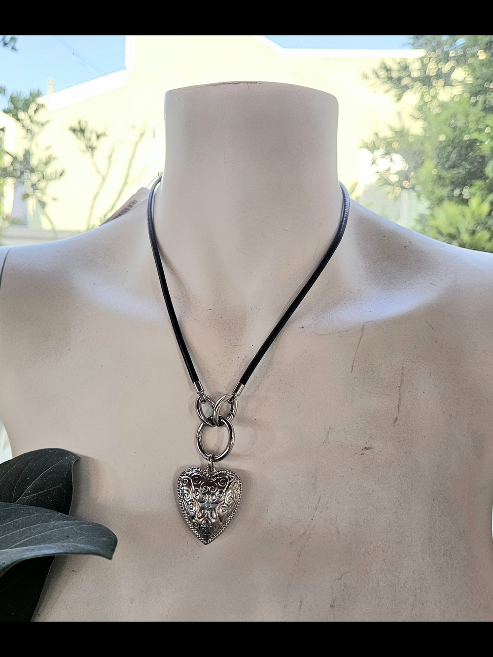 J CREW Leather Cord Necklace with Ornate Silver Heart Pendant NEW!